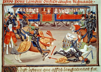 Rey Richier desarconnando a Guichart de la Moree durante un torneo (Miniatura, c.1462-1470) de Unknown artist