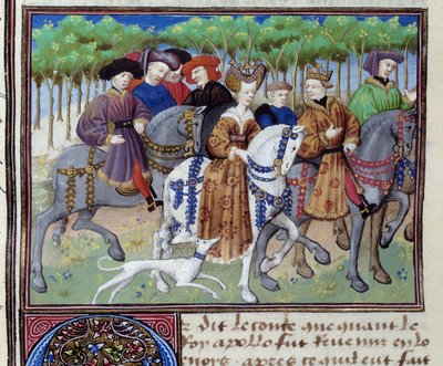 Rey y Reina yendo de caza (Felipe VI de Valois y Blanca de Navarra (?)) Miniatura de “Le livre de la chasse” de Gaston III Phoebus, Conde de Foix, Señor de Bearn (1331-1391) de Unknown artist