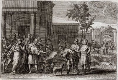 Biblia del Reino, Antiguo Testamento: Abimelec castigado por Dios. Abimelec (Abimelec o Ahimelec o Ahimelek), rey de Gerar, habiendo tomado por la fuerza a Sara (Sara), la esposa de Abraham, pero creyendo que era solo su hermana, es engañado por Dios y la  de Unknown artist