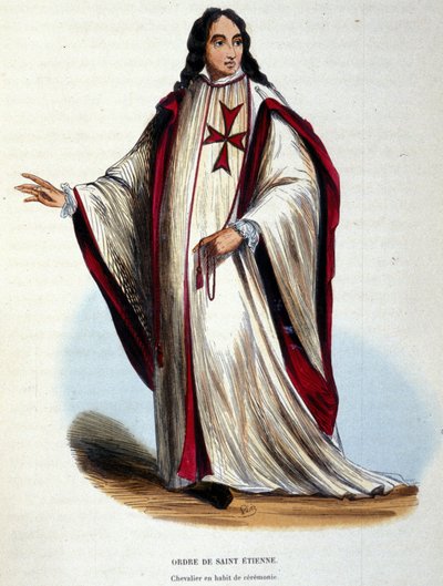 Caballero de la Orden de San Esteban en traje ceremonial. Orden militar y religiosa creada por el Gran Duque de Toscana en 1561. Grabado del siglo XIX. de Unknown artist