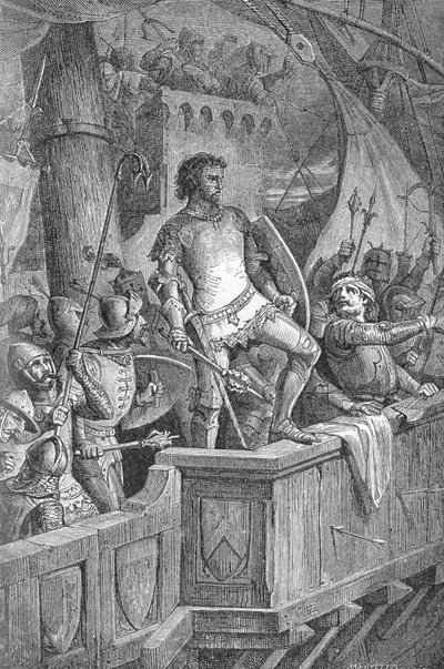 Knut el Grande (Canuto I) (994 o 995-1035) - Los hombres de Knut el Grande en el puente de Londres, bajo ataque de Olaf II de Noruega (Olaf II de Noruega) - Grabado en “Kaiser, Konig une Papst” por Richard Roth de Unknown artist