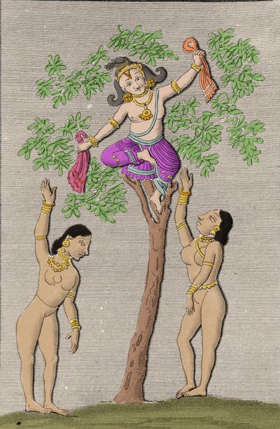 Krishna volando con dos gopis. Grabado en 
