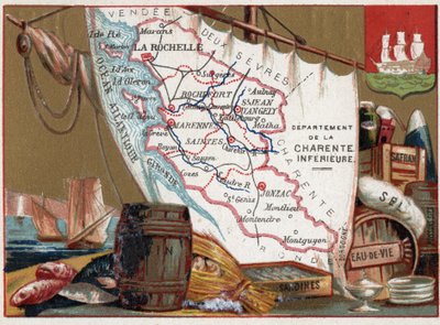 La Charente Inferieure, Poitou Charentes, Francia. Vino, brandy, sardinas, sal, azafrán, pescado seco, c.1920 de Unknown Artist