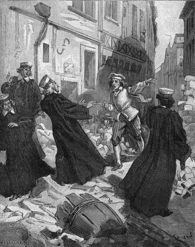La Fronda (27 de agosto de 1648) - barricadas en París: un niño rotor amenazando al Presidente del Parlamento, Mathieu Molé (1584-1656). Grabado del siglo XIX. En “Histoire de France” de Jules Michelet de Unknown artist