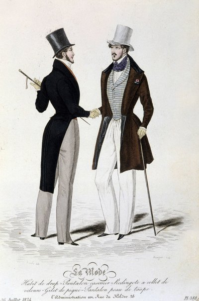 La Moda del 26 de julio de 1834: (moda masculina) traje de hoja - pantalones de casimir - redingote con cuello de terciopelo - chaleco de piqué - pantalones de piel de topo y sombrero de copa de Unknown artist