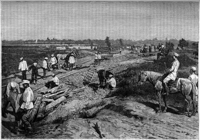 La colocación de los rieles del ferrocarril Transcapiano. Grabado en el diario “La jeunesse” de Unknown artist
