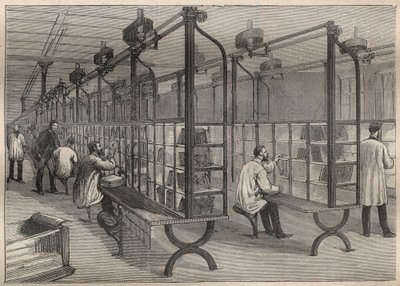 La poste aux lettres: la clasificación de los pliegos en el Hotel de Correos de París - Grabado en “La Ciencia francesa” de Unknown artist
