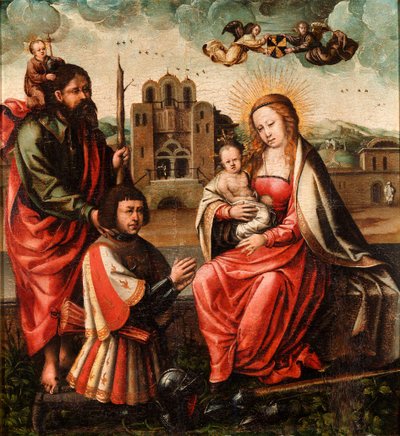 ""La Virgen de Cristóbal Colón"" (La Virgen de Cristóbal Colón) Virgen y Niño con Cristóbal Colón y San Cristóbal Pintura anónima 1540 - Óleo sobre tabla Dim 52x48 cm Museo Lázaro Galdiano, Madrid de Unknown artist