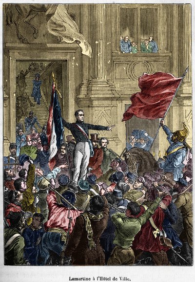 Lamartine (1790 - 1869), rechazando la bandera roja por la bandera tricolor, en el Ayuntamiento. París, 26 de febrero de 1848. Colección Bianchetti. de Unknown artist