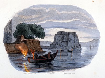 Pesca con lámpara, una lámpara utilizada para atraer peces, en la Bahía de Nápoles. de Unknown artist