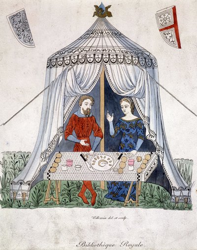 Lancelot y Ginebra comiendo bajo una tienda, extraído de "Lancelot du lac", según documento de 1370 de Unknown artist