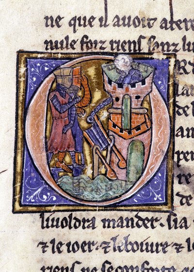 Lancelot en la cima de una torre. Manuscrito: Conquista del Santo Grial, escrito 717 años después de la pasión de nuestro señor. Biblioteca municipal de Rennes, ms. 255 (Colección de novelas de la Mesa Redonda); París de Unknown artist