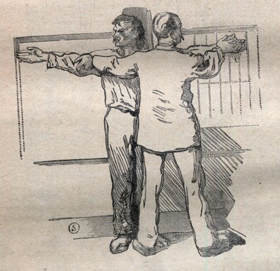 La antropometría judicial o bertillonaje, método de Alphonse Bertillon (1853-1914): medida de gran calibre de los brazos - Grabado en "La Science française" de Unknown artist