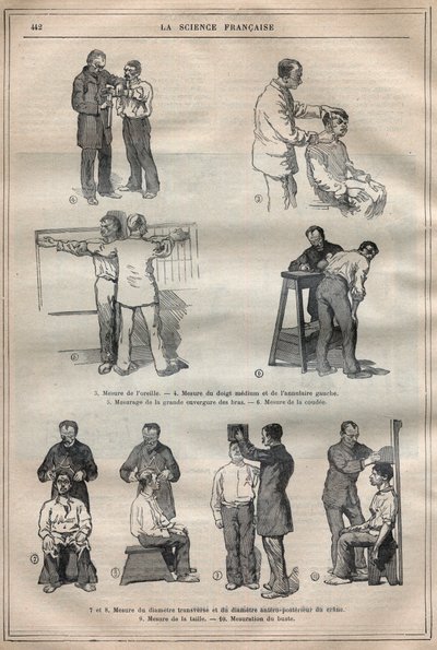 La antropometría judicial o bertillonaje, método de Alphonse Bertillon (1853-1914) - Grabado en "La Science française" de Unknown artist