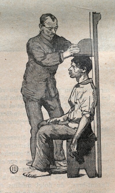 La antropometría judicial o bertillonaje, método de Alphonse Bertillon (1853-1914): medida del busto - Grabado en "La Science française" de Unknown artist