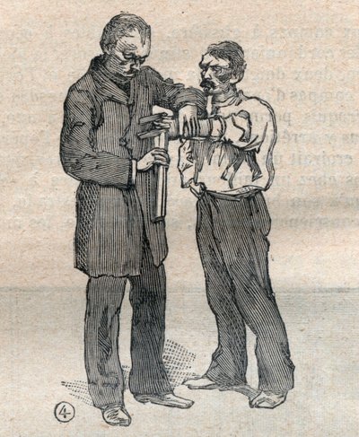 La antropometría judicial o bertillonaje, método de Alphonse Bertillon (1853-1914): medida del dedo medio y del anular izquierdo - Grabado en "La Science française" de Unknown artist