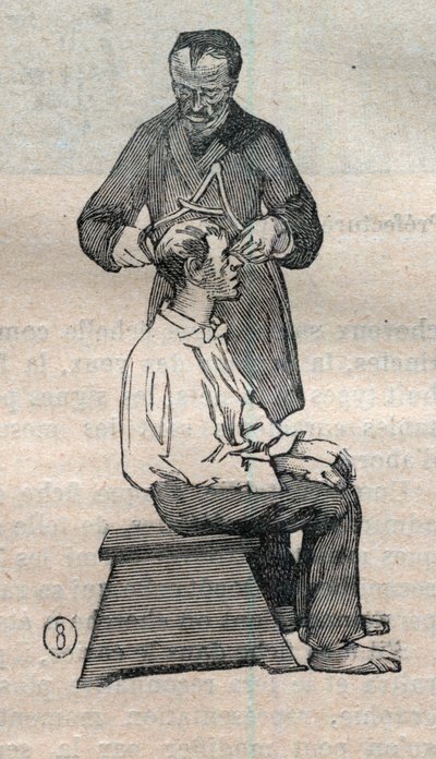 La antropometría judicial o bertillonaje, método de Alphonse Bertillon (1853-1914): medida del diámetro transversal del cráneo - Grabado en “La Ciencia francesa” de Unknown artist