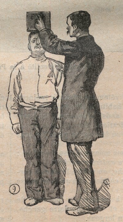 La antropometría judicial o bertillonaje, método de Alphonse Bertillon: medida de la talla - Grabado en “La Ciencia francesa” de Unknown artist