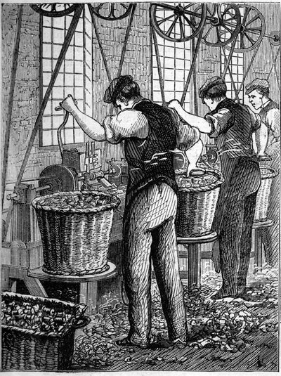Grandes industrias inglesas: Walter Evans hilado de algodón en Inglaterra en 1863. Fabricación de bobinas. de Unknown artist