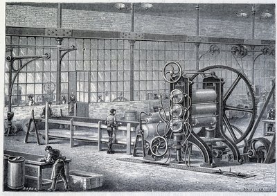 Gran laminador para reducir bloques de caucho purificado en láminas - en “Las maravillas de la industria” de Louis Figuier de Unknown artist