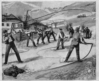 Le claqueurs du salskammergut - salskammergut: En varios domingos después del Año Nuevo, los jóvenes de Salzburgo (Austria) hacen sonar látigos para despertar a la naturaleza de su sueño invernal - grabado 1897 de Unknown artist