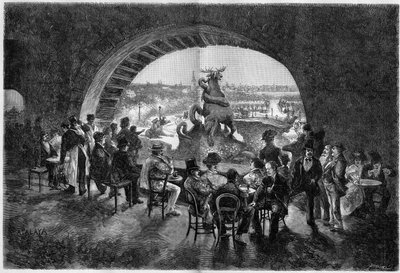 El fondo de la cascada del jardín del Trocadero durante el calor en París donde los paseantes parisinos vienen a sentarse al fresco. Grabado en "Le Monde Illustré" de Unknown artist