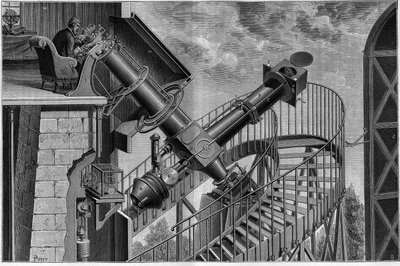 El gran Ecuatorial (Gran Lente) del Observatorio de París (Sistema Loewy) Grabado de 1883. en “La Nature. Revue des sciences et de leurs applications aux arts et à l
