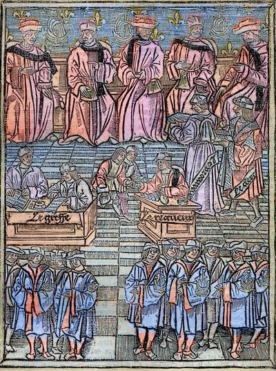 Le prevot des marchands et les echevins de Paris au 16eme siècle grabado después del original de 1528 - Preboste de comerciantes y concejales de París, escena de recaudación de impuestos, portada de 