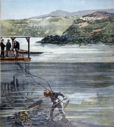 El buzo Paolo Pardi trabajando en los barcos romanos en el lago de Nemi con el escafandro Siebe en 1893 de Unknown artist