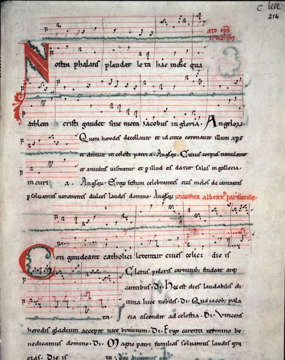 Folleto de una guía de peregrinos con letras del peregrinaje de Santiago de Compostela (Santiago de Compostela) Fol. 214 r. De un manuscrito del siglo XIII. Archivo de la Catedral de Santiago de Compostela (Santiago de Compostela), España de Unknown artist