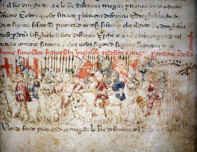 Liga de franceses, ingleses, alemanes y húngaros contra los turcos en 1391 - en "Crónicas del Sercambi", circa 1400. Archivo Nacional, Lucca de Unknown artist