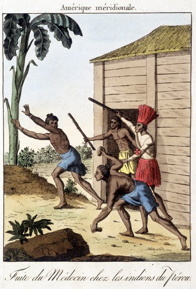 Huida del doctor entre los indios de Perú (Inca) - grabado de Unknown artist