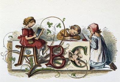 Lectura y escritura de los niños - en “Les jeux des enfants”, ed. Londres, George Ronthedge and sons, finales del siglo XIX de Unknown artist