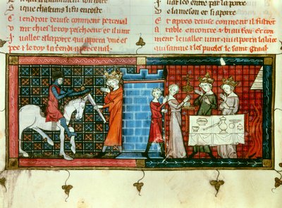 Perceval recibiendo una espada del Rey Pescheor. Procesión del Santo Grial. Miniatura de 
