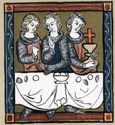 Leyenda artúrica: Galahad, Perceval y Bohort con el Santo Grial. de Unknown artist