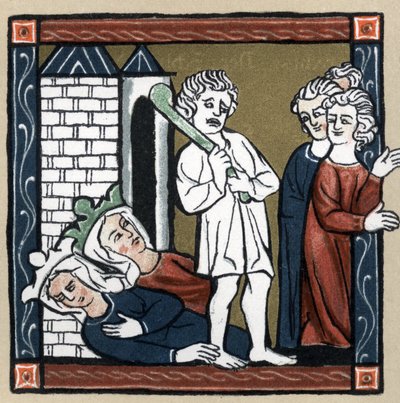 Leyenda artúrica: Lancelot del Lago libera a la reina Ginebra y a su amiga del castillo, quienes caen desmayadas y los habitantes huyen. En “Geschichte der Franzosischen Literatur” por Hermann Suchier de Unknown artist