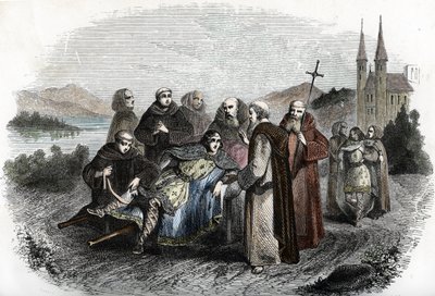 Legende des enerves de Jumieges: los dos hijos del rey merovingio Clodoveo II, castigados por rebelarse contra su padre, son recogidos por los monjes de la abadía de Jumieges, cerca de Rouen, 660 aproximadamente (Los hijos del rey Clodoveo II, tras ser cas de Unknown artist