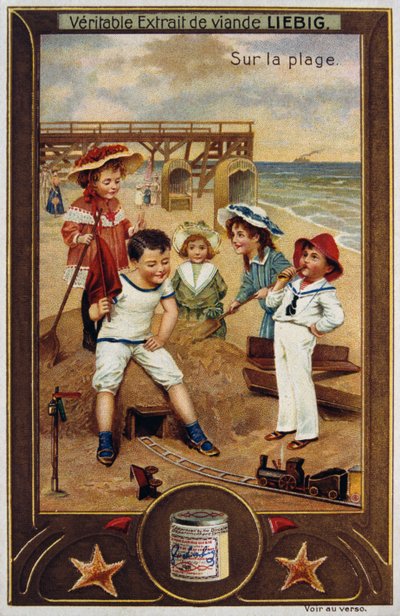 Tarjeta Leibig con niños franceses en la playa 1890 de Unknown artist