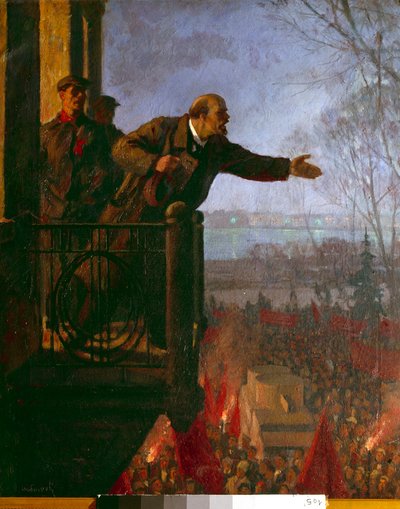 Lenin en el balcón de la casa Csechinskaia por la noche, abril de 1917 (óleo sobre lienzo) de Unknown Artist