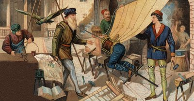 Leonardo da Vinci experimentando con su máquina voladora. Cromolitografía del siglo XIX de Unknown artist