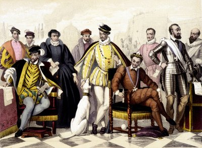 Los Valois - De 1547 a 1589. Enrique II, Catalina de Médici (Caterina de Medici), Carlos IX, Enrique III, Enrique IV. Grabado del siglo XIX. de Unknown artist