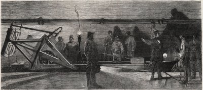 Los desagües de París: un “barco de limpieza” utilizado para limpiar el colector de alcantarillado - Grabado de “Le Monde Illustré” de Unknown artist