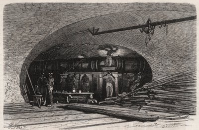 Las alcantarillas de París: curva de la tubería cerca del puente Saint Michel, plaza del Chatelet (Grabado en 