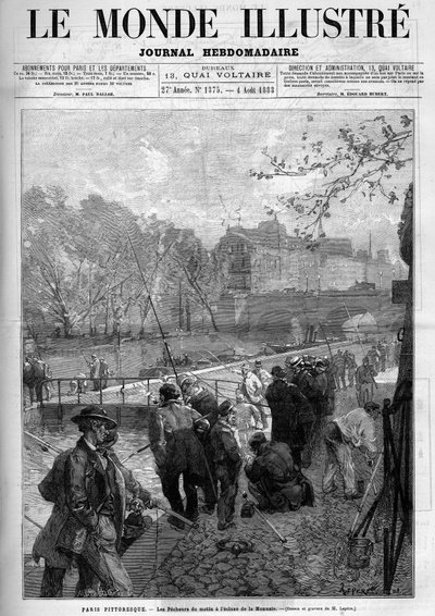 Los pescadores de la mañana en la esclusa de la Monnaie en París. Grabado en "Le Monde Illustré" de Unknown artist