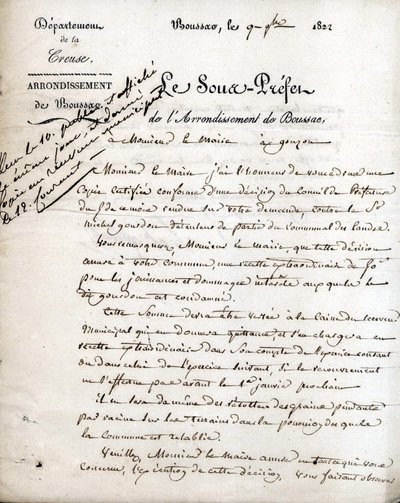 Carta del subprefecto de la Creuse (arrondissement de Boussac) al alcalde de Gouzon, 9 de septiembre de 1822 de Unknown artist