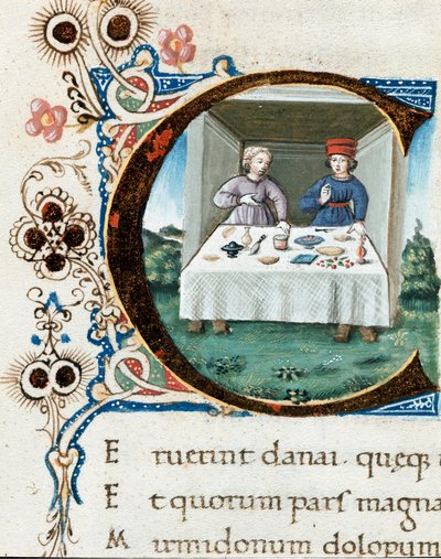 Letra capital C decorada con una pareja en la mesa. Miniatura tomada de 
