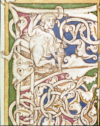 Letra P decorada con la representación de una mujer pescando un pez. Miniatura de una Biblia (Antiguo Testamento) de Unknown artist