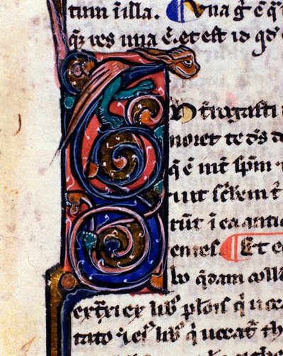 Letra decorada de un monstruo gótico que recuerda a las gárgolas. Detalle de manuscrito del siglo XIV de Unknown artist