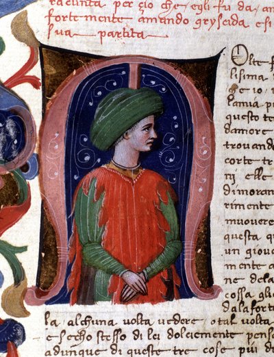 Letra capital “m” y miniatura que representa al sofista, Filóstrato. Manuscrito de Boccaccio de Unknown artist