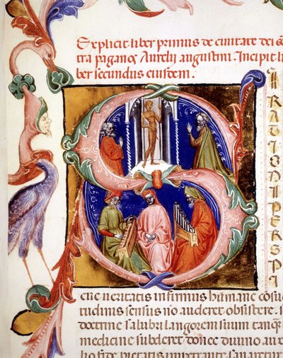 Letra capital “s” con miniatura que representa a paganos venerando su ídolo, abajo dos músicos y un cantante - en “De civitate dei” de San Agustín, principios del siglo XV. Biblioteca Municipal de Rímini. de Unknown artist